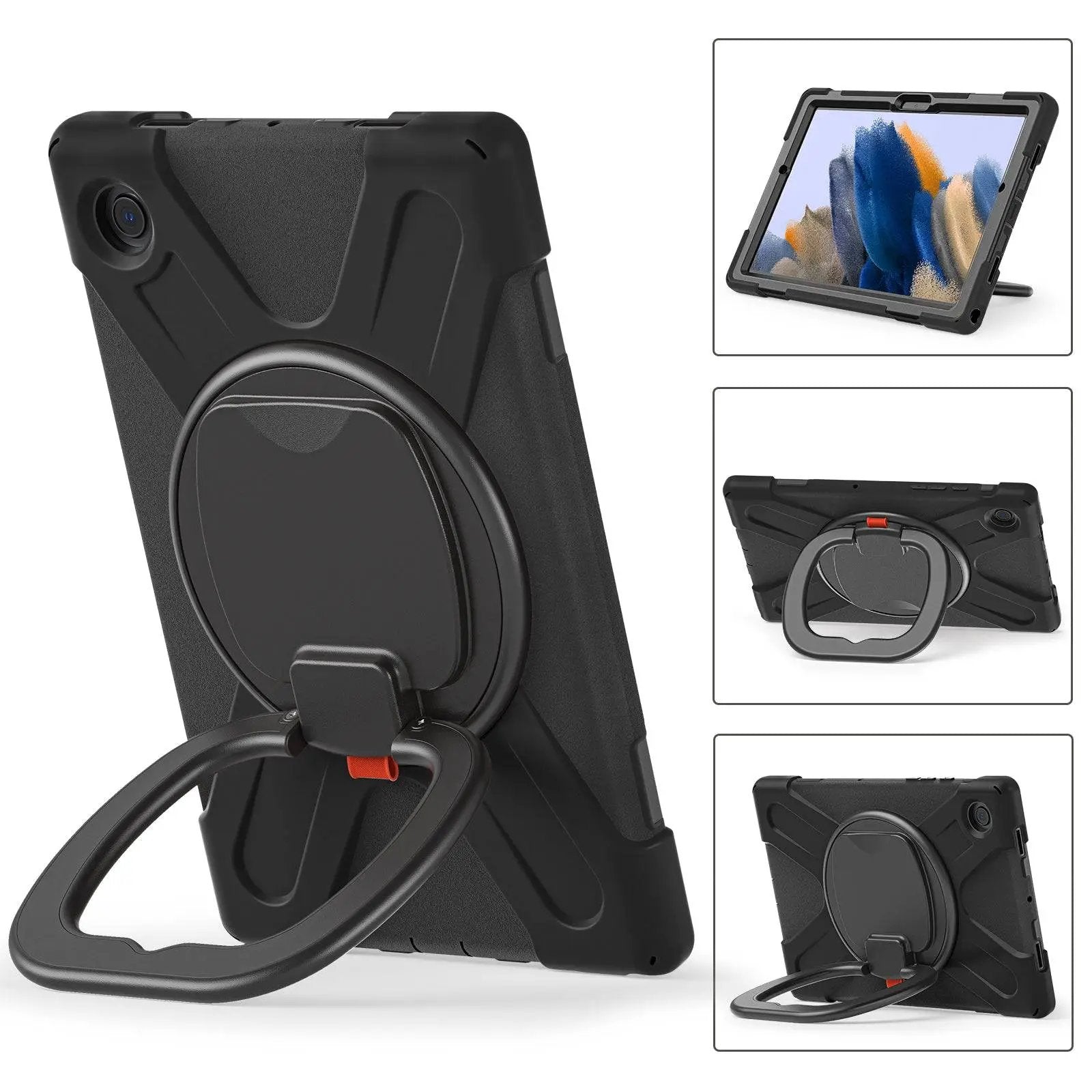 Shockproof Samsung Tablet A8 X200 Protective Case with a 360° rotatable handle, foldable stand, and ergonomic design for easy carrying and viewing.